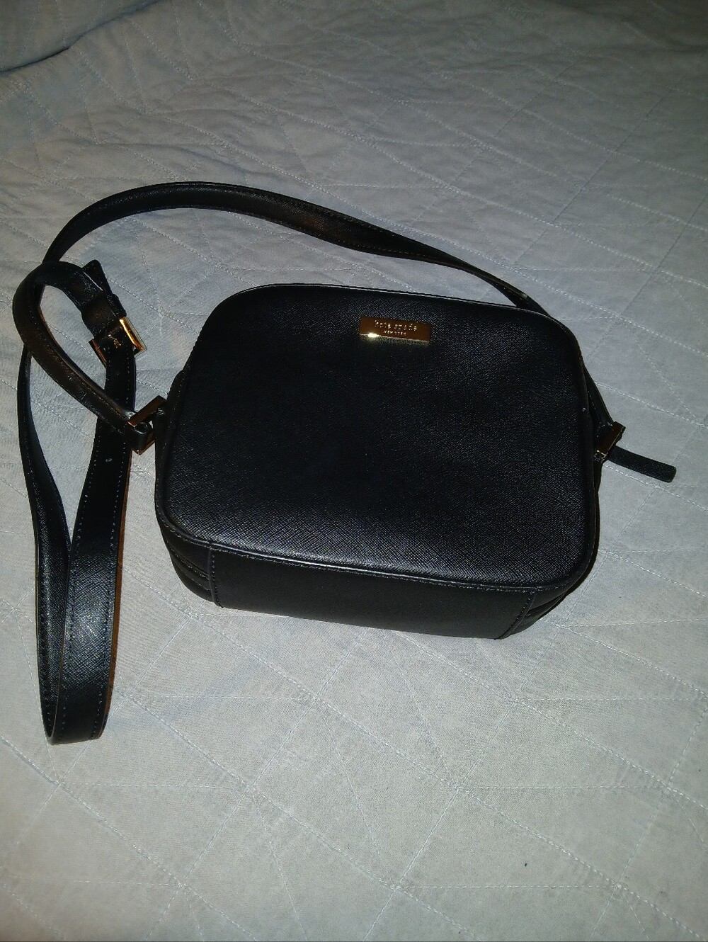 kate spade Black Saffiano Crossbody Camera Bag with Gold Plaque